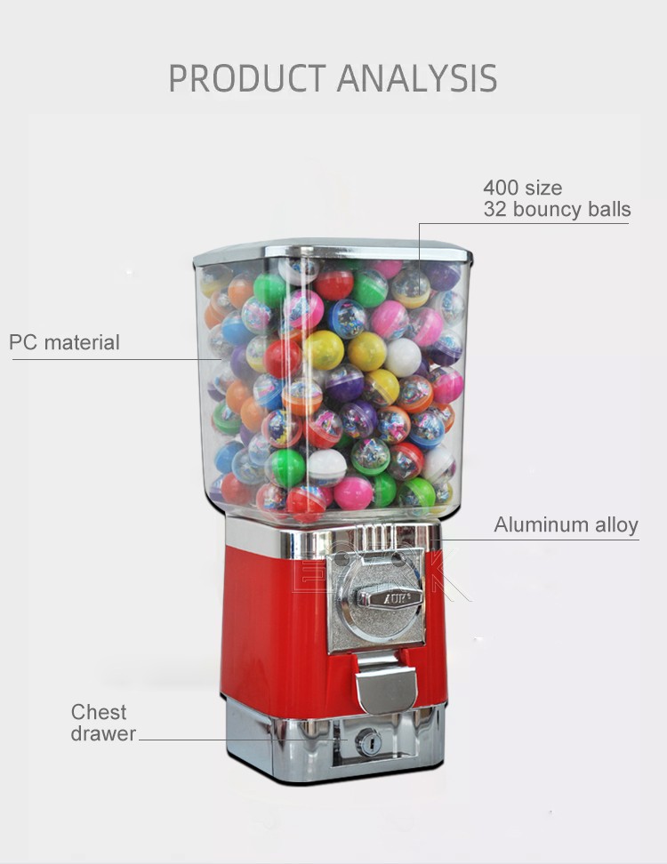 Coin Operated  Plastic Barrel Square Head Candy Gumball Toy Bubble Bouncy Ball Machine
